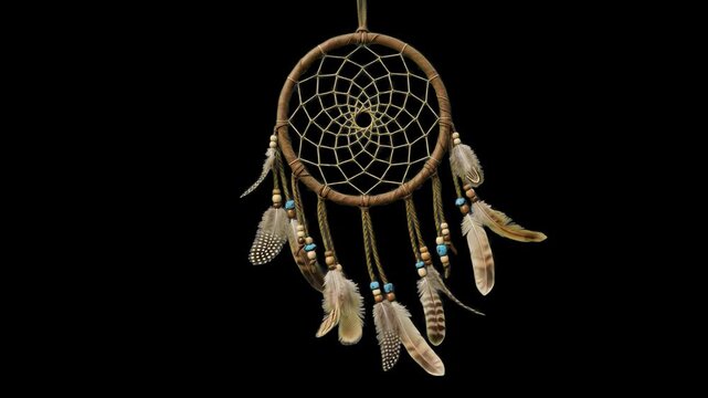 A classic handmade Native American dreamcatcher with a woven web, hanging feathers, and beads sways gently. This protective amulet asset is isolated on a solid black background.