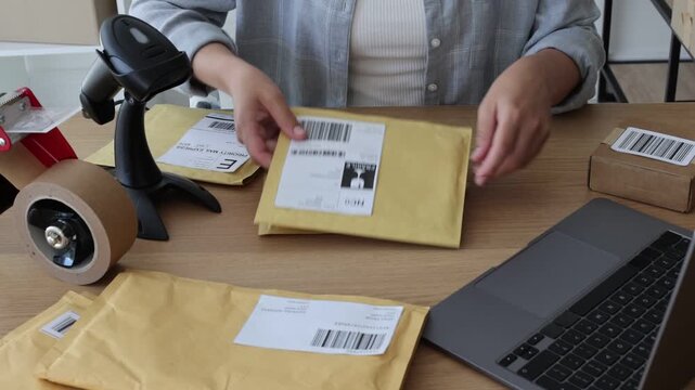 Woman with postal envelopes working on laptop at desk in office, closeup