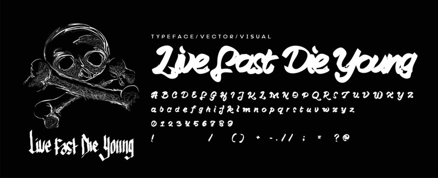 Grunge white brush font with skull and bone design for bold, rebellious, and creative projects.