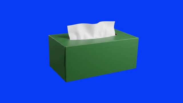 A green cardboard tissue box with a single white paper facial tissue sticking out of the top. This household hygiene asset is isolated on a chroma key blue screen.