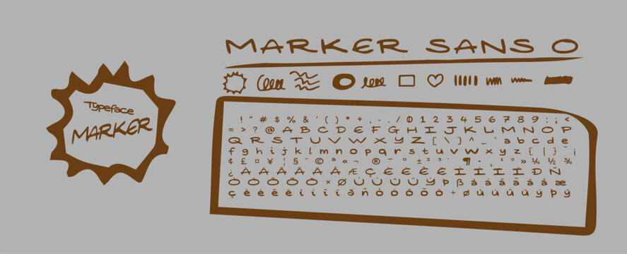 Hand‑drawn brown marker sans vector alphabet with icons for creative design and branding use.