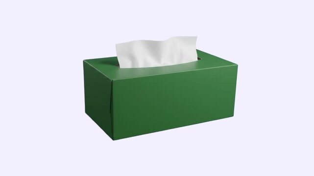 A green cardboard tissue box with a single white paper facial tissue sticking out of the top. This household hygiene asset is isolated on a solid white background.