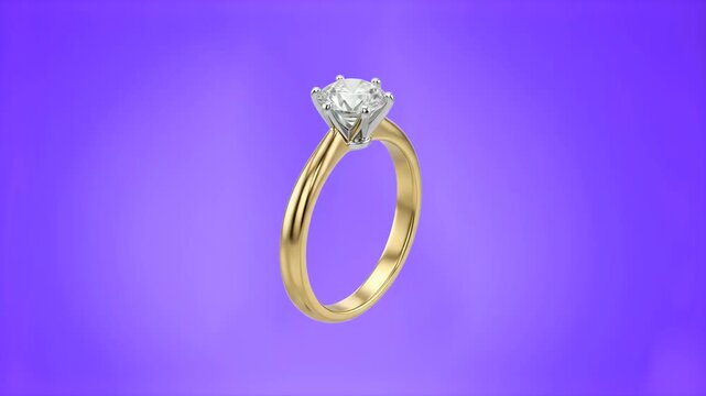 A close-up 3D rendering of a luxury gold ring crowned with a glittering white diamond solitaire, presented against a vibrant purple backdrop. Great for romantic anniversary videos, valentines day mark