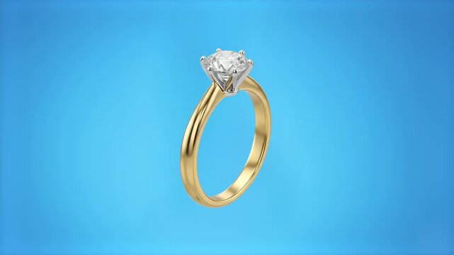 A pristine 3D render of a classic yellow gold engagement ring featuring a brilliant round-cut diamond solitaire set in a white gold prong setting, isolated against a solid blue background. Perfect for
