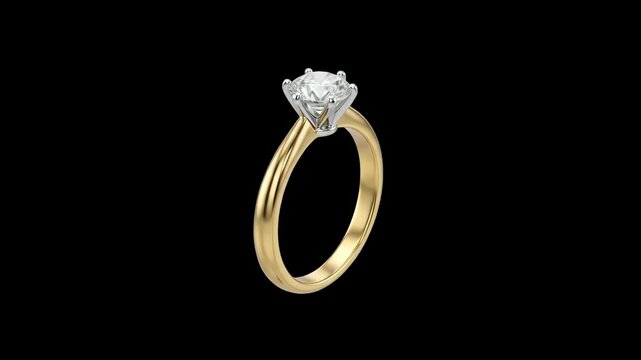 A luxurious gold engagement ring with a brilliant-cut diamond solitaire rotates in a seamless 3D loop. This jewelry asset is isolated on a solid black background.