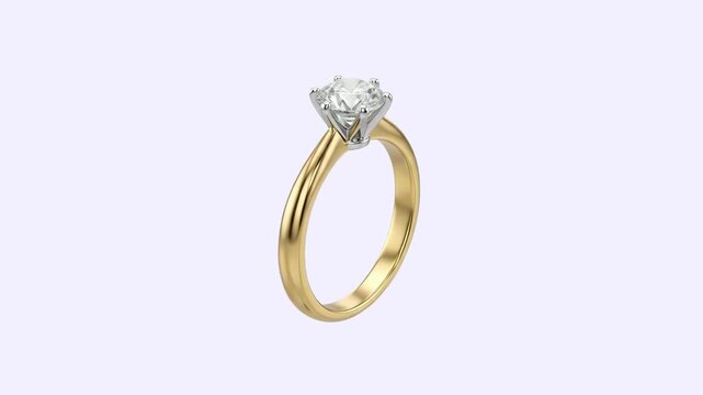 A sparkling diamond solitaire engagement ring with a classic gold band standing at an angle, isolated on a clean white background. Perfect for jewelry store advertising, wedding proposal videos, roman