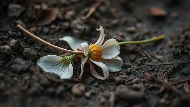 Trampled wildflower in muddy soil under soft morning light, close-up view.