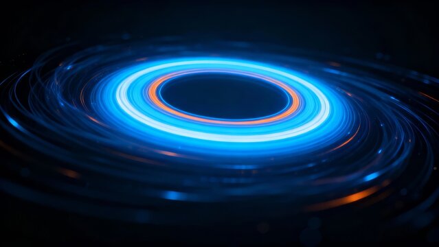 Neon blue and orange spiral vortex against dark background glowing concentric rings with motion blur effect