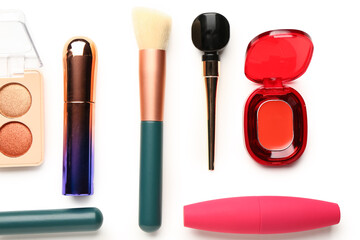 Naklejka premium Set of different decorative cosmetics on white background, flat lay