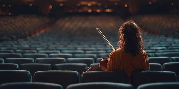 Back view of a woman in a yellow garment sitting in blue theater seats holding a violin with warm bokeh lights blurring in the distant background