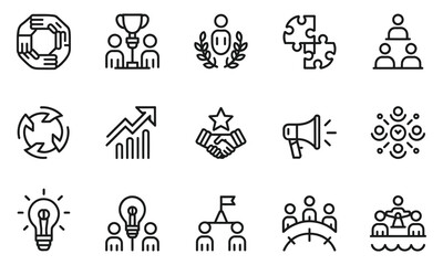 Fototapeta premium Set of thin line icons for business and teamwork concepts featuring diverse professional leadership development and organizational management graphic elements