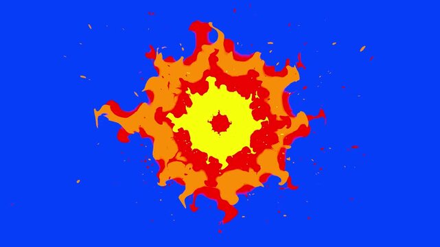 A vibrant 2D stylized cartoon fire burst animation featuring bright yellow, orange, and red flames flickering outward against a solid blue chroma key backdrop. Excellent for comic book VFX, 2D game ex