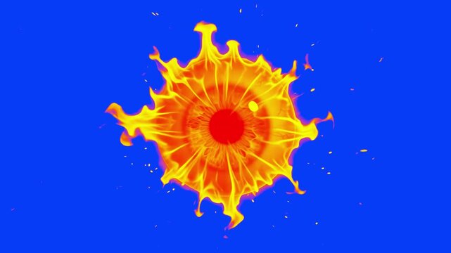A realistic 3D animated fiery eye with a glowing red pupil burns and flares dynamically. This fantasy evil eye or monster eyeball asset is isolated on a chroma key blue screen.