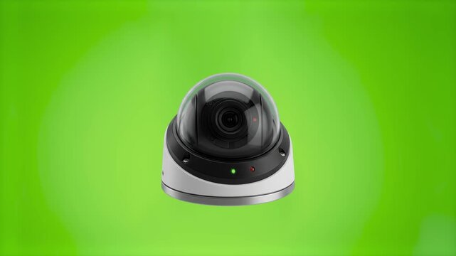 High-detail 3D render of a ceiling-mounted dome security camera, isolated on a solid green screen chroma key background. Perfect for crime thriller video compositing, monitoring room VFX overlays, pri
