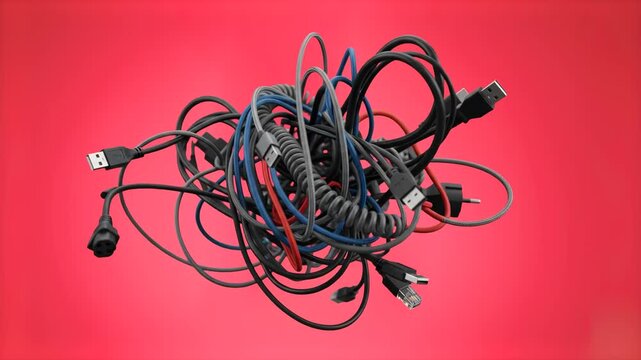 High-detail 3D render of a messy pile of tangled black electronic cables and plugs, isolated on a vivid magenta pink background. Perfect for technical troubleshooting videos, office cord organization 