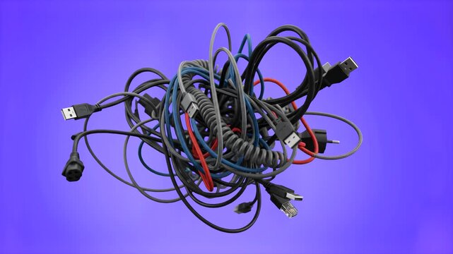 Detailed 3D model of a chaotic tangled mess of electrical cables, USB cords, and wires, isolated on a smooth purple gradient background. Ideal for IT support service ads, technology chaos concepts, ca