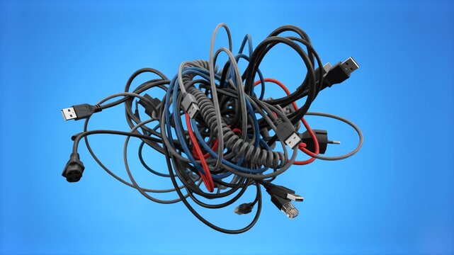 A chaotic tangle of black power cords, USB cables, and electronic wires floating against a bright blue studio backdrop. Great for tech support commercials, IT infrastructure ads, cable management solu