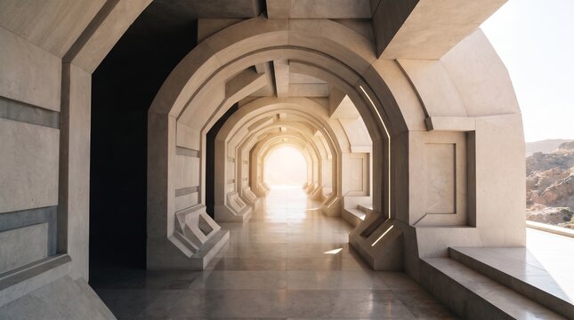 Futuristic stone corridor with geometric arches and bright light at the end