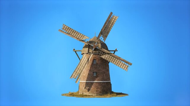 A realistic 3D model animation of a classic rustic brick windmill with rotating wooden blades, isolated against a clean sky-blue backdrop. Excellent for renewable wind energy concepts, countryside agr