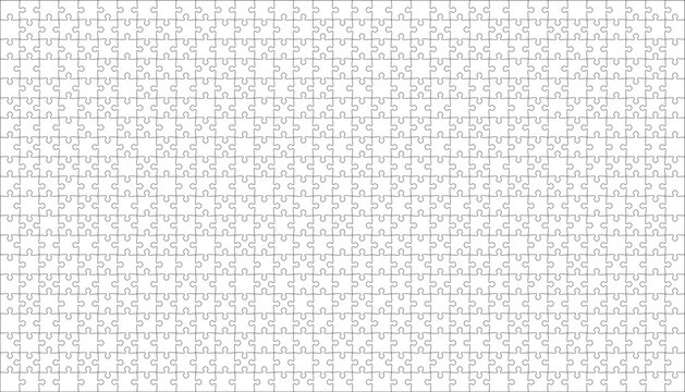 Detailed various shapes puzzle grid overlay. Jigsaw puzzle blank template. 35x20 shapes, 700 pieces. Separate matching puzzle elements. Vector png