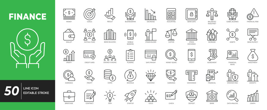 Finance icon set. Containing finance, money, loan, cash, saving, goal, profit, budget, mutual fund, earning , revenue and more. vector illustration