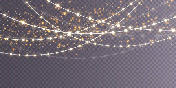 Elegant string lights with glowing bulbs arranged in curved patterns isolated on transparent background
