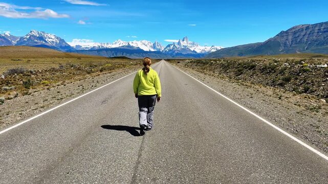 A woman walking on an empty stretch of road leading to El Chalten in Argentina