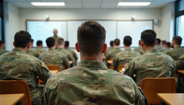 Military personnel attend a classroom training session. Soldiers learn new skills for career advancement. Instructor teaches class about future opportunities for veterans.