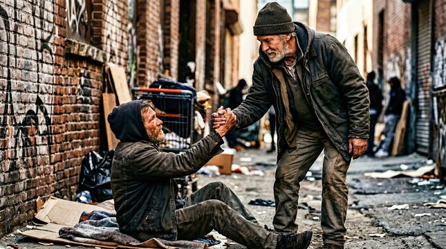 Homeless man helping another unhoused person stand up in a city alleyway. Mutual support and solidarity among people living on the street