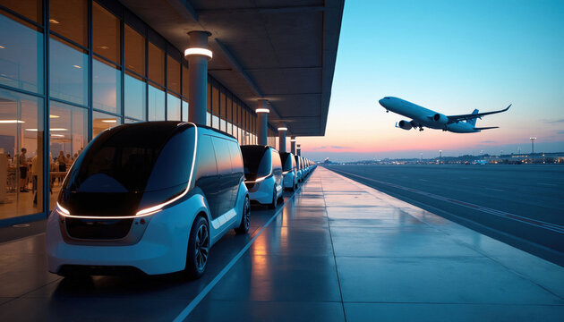Autonomous electric shuttles charge near airport terminal. Airplane takes off at dusk. Futuristic transport and modern airport infrastructure.