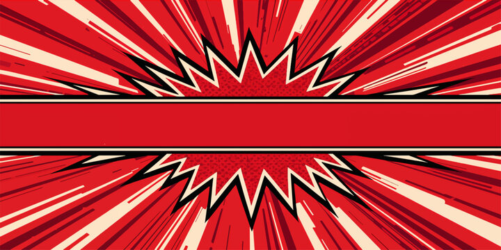 Retro comic book background with dynamic red speed lines and horizontal copy space banner