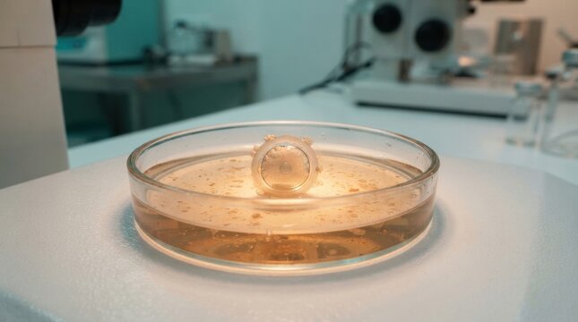 A human egg cell is placed in a petri dish under a microscope to observe its details and study fertilization and reproductive health processes.