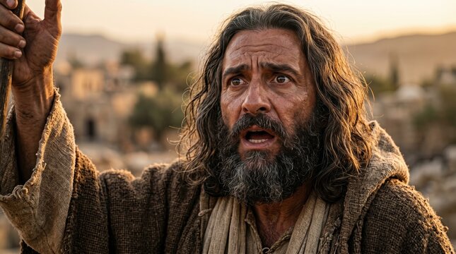 Bearded man in rough cloak looking up with a shocked expression. Biblical prophet Joel warning of a plague in an ancient village setting
