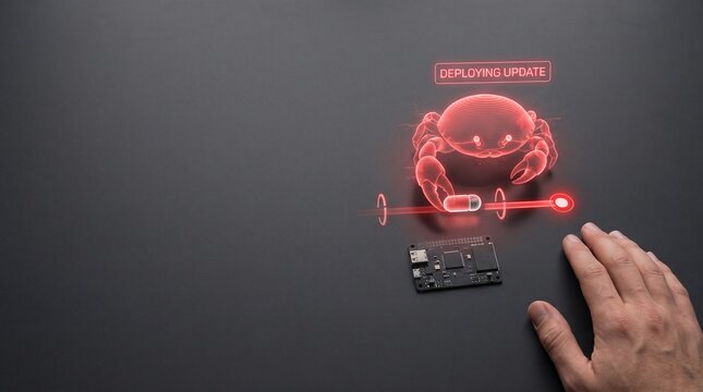 Futuristic red hologram crab deploying software updates on a circuit board alongside a human hand, symbolizing collaborative AI technology and digital engineering.