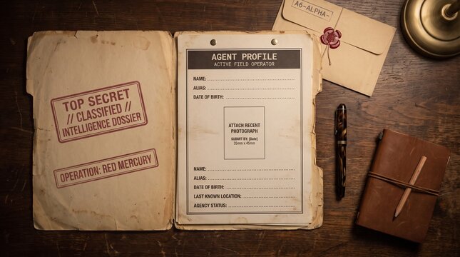 Vintage intelligence dossier and spy agent profile on a rustic wooden desk with secret documents