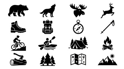 Fototapeta premium Black outdoor camping and wilderness adventure icon collection.