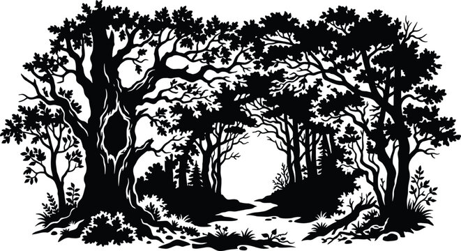 Enchanted forest landscape silhouette with old hollow oak tree and winding path dense woodland grove panoramic nature background graphic element