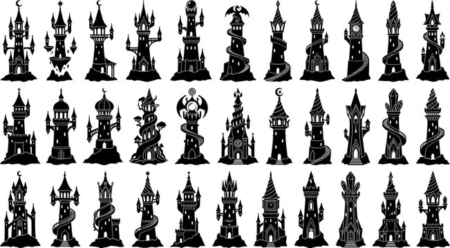 Fantasy wizard tower and dark castle silhouette icons bundle for medieval roleplaying games map graphics isolated on white background