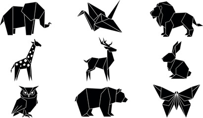 Geometric origami animal silhouette icons set abstract polygonal paper craft safari wildlife and birds collection for modern creative graphic design © MstAduri