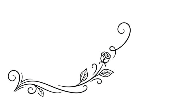 Elegant hand drawn rose floral flourish design element with swirls and leaves.