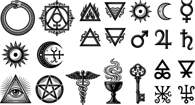 Alchemical occult symbols vector set featuring uroboros eye of providence pentagram caduceus elements celestial bodies and esoteric signs icons