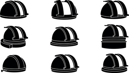 Astronomical observatory dome silhouette icons set telescope station buildings collection for space exploration and night sky research graphics © MstAduri