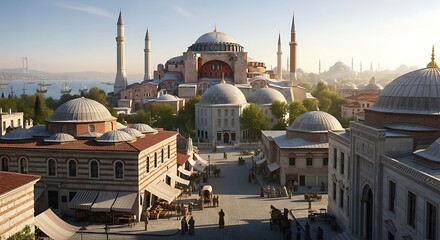 Naklejka premium Historic Ottoman mosque complex with minarets and domes.