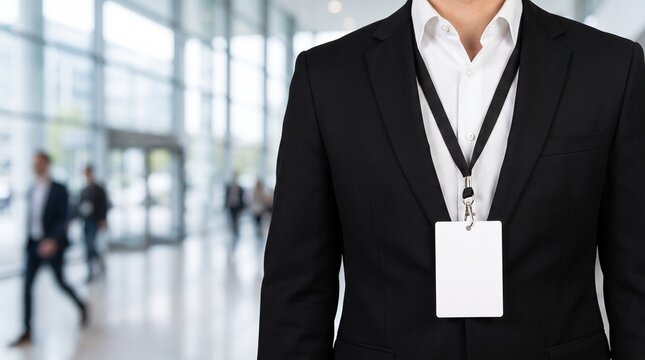 Businessman in a suit wearing a blank security identification badge on a lanyard
