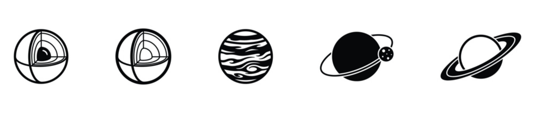 Set of vector illustrations showing planet earth core, jupiter, saturn and mars with moons.