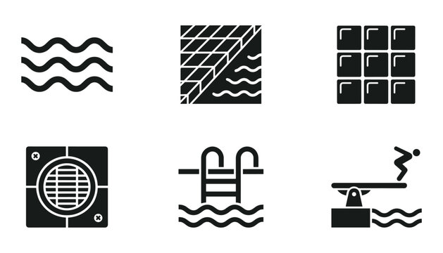 Set of vector illustrations for swimming pool concepts including waves, grid, tiles, and diving.