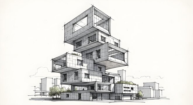 Conceptual architectural sketch of a modern luxury residence showcasing stacked modular cubes and precise geometric design