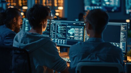 Fototapeta premium Programmer developer coding dark office back view