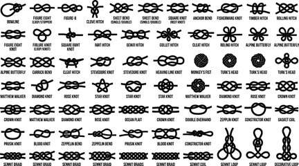 Nautical rope knots silhouette chart including bowline hitch bends loops and decorative sennit braids for sailing education diagram graphic assets © MstAduri