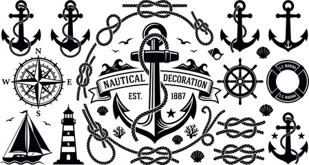 Nautical theme silhouette collection featuring anchors ship wheel compass rose lighthouse sailboat and rope knots for maritime logo design branding © MstAduri